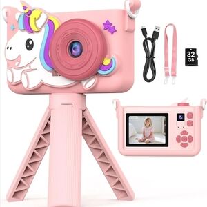 Portable Kids' Camera Toy with Tripod & 32GB Card 1080P HD Pink